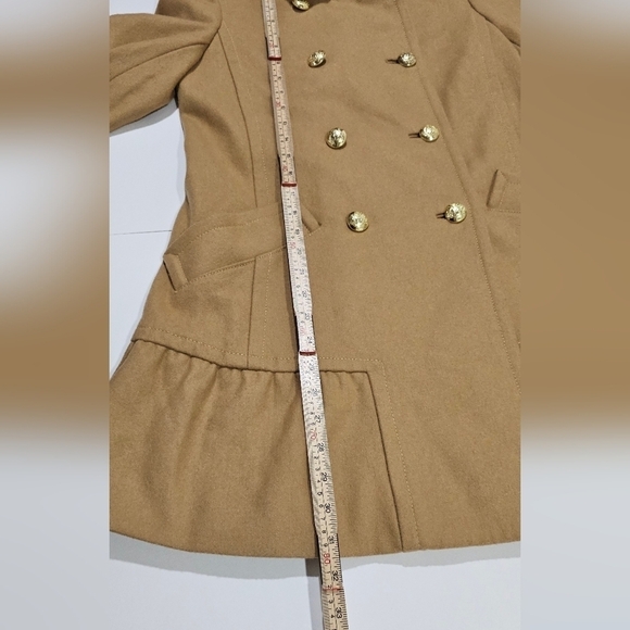 Women's Wool Blend Pea Coat Ruffle Hem Tan Khaki Camel Winter Coat XS - Picture 14 of 15